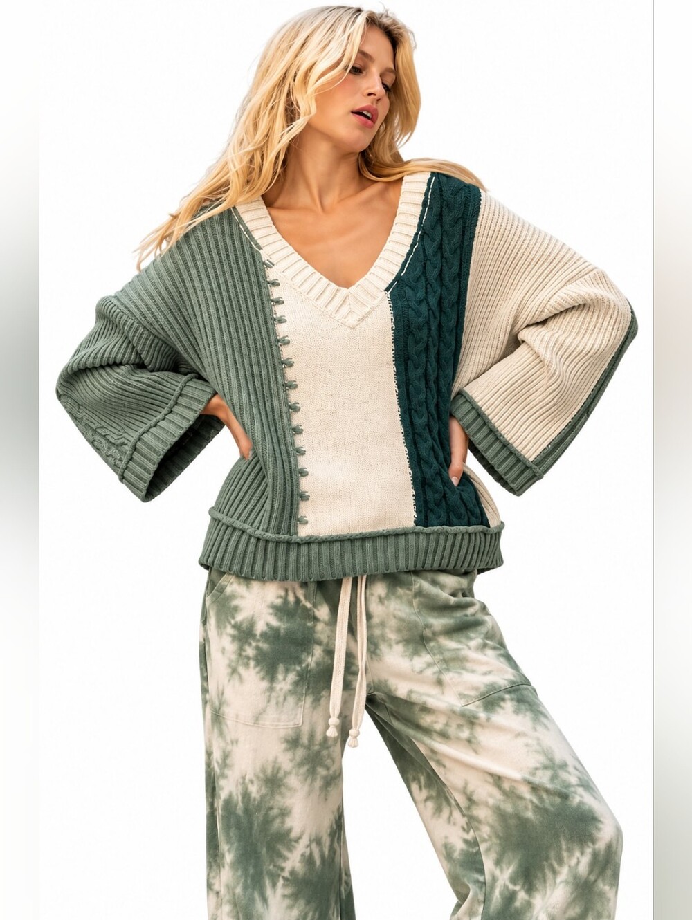 POL Oversized Patchwork Cable Knit Colorblock Sweater Sage Teal Cream L